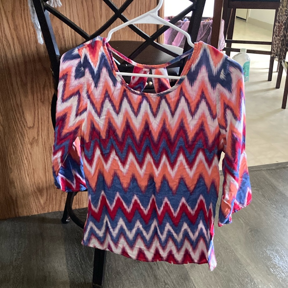 Copper Key Pink and Blue Graphic Cut Out Blouse